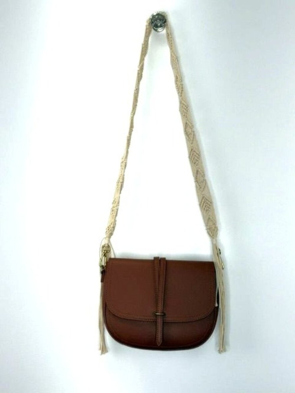 NWOT SCOOP Brown Faux Leather Crossbody Bag Macrame Strap Boho Festival Tassel